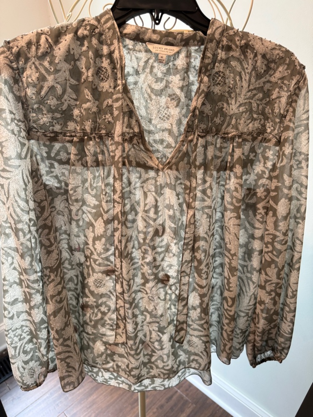 Lucky Brand Olive Taupe Sheer Floral V-Neck Blouse